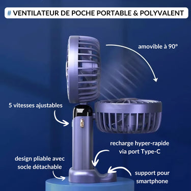 Ventilateur de poche portable multifonction, amovible à 90°, 5 vitesses ajustables, recharge rapide via port Type-C, design pliable avec socle détachable et support pour smartphone.